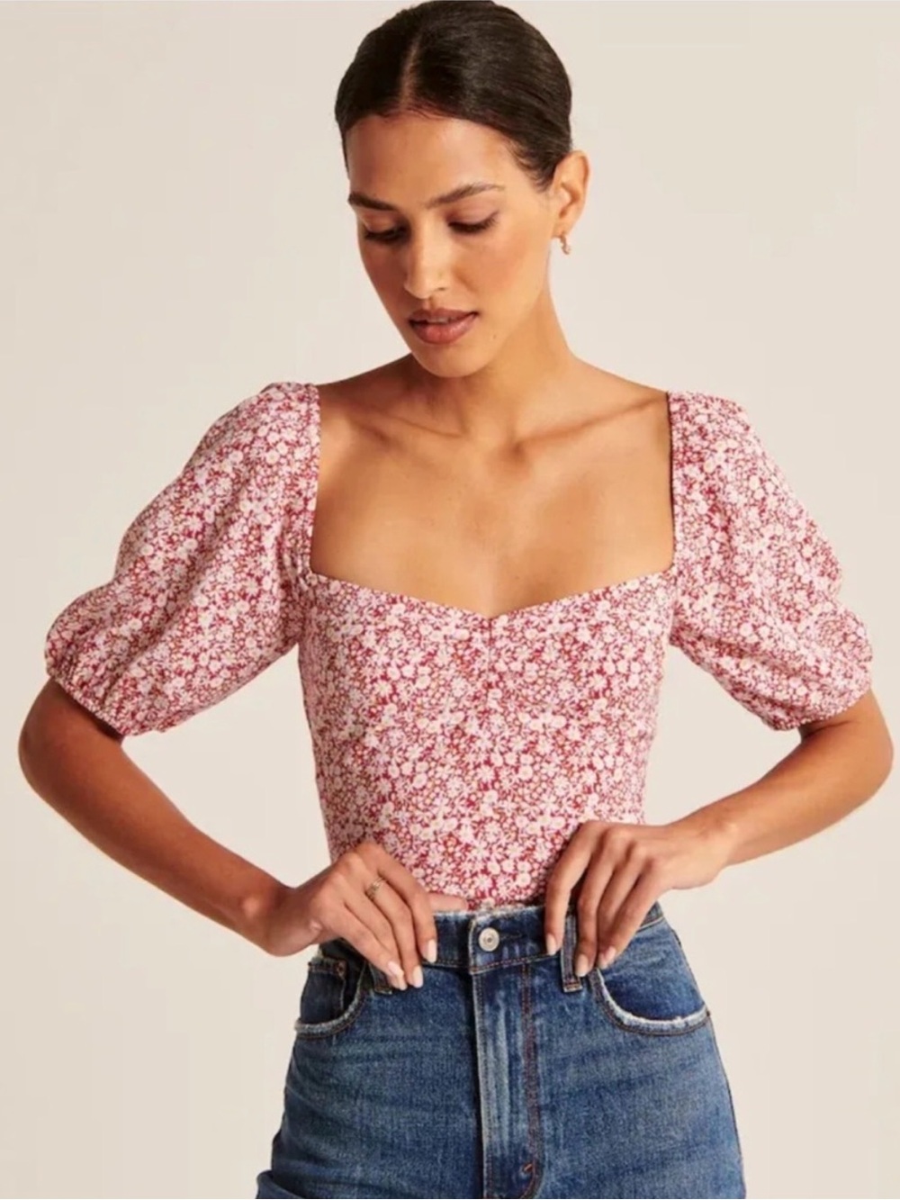 Abercrombie Floral Sweetheart Blouse Size S Red Daisy Puff Sleeve Top